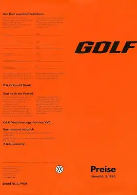 VW Golf 1 Preisliste 3.1980
