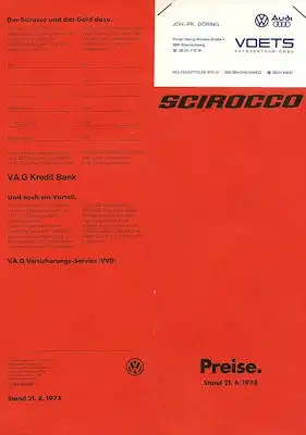VW Scirocco Preisliste 8.1978