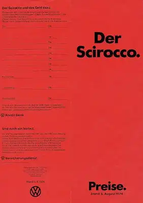VW Scirocco Preisliste 8.1974