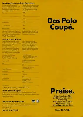 VW Polo 2 Coupé Preisliste 4.1983