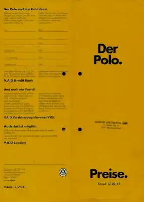 VW Polo 2 Preisliste 9.1981