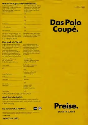 VW Polo 2 Coupé Preisliste 9.1982