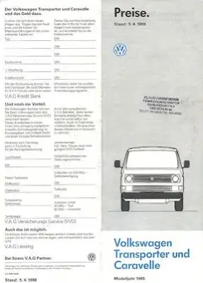 VW T 3 Transporter und Caravelle Preisliste 4.1988