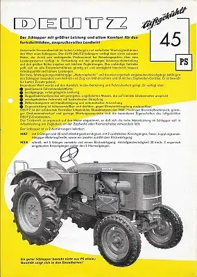 Deutz 45 PS Dieselschlepper Prospekt 6.1958