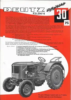 Deutz 30 PS Dieselschlepper Prospekt 10.1956