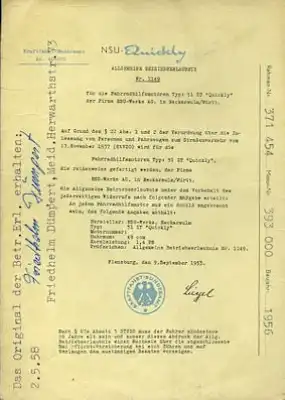 NSU Quickly Betriebserlaubnis 1956