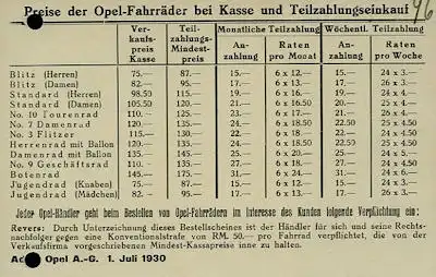 Opel Fahrrad Preisliste 7.1930