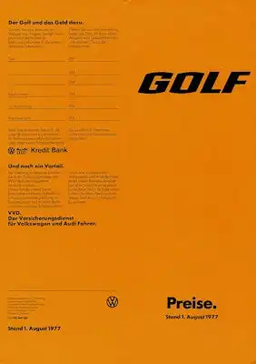 VW Golf 1 Preisliste 8.1977