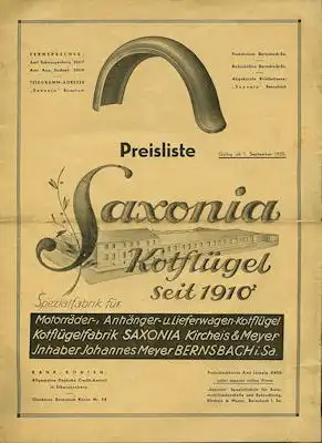 Saxonia Kotflügel Preisliste 9.1935