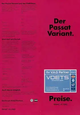 VW Passat B 2 Variant Preisliste 8.1983