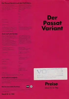 VW Passat B 2 Variant Preisliste 12.1981