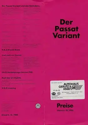 VW Passat B 2 Variant Preisliste 10.1980