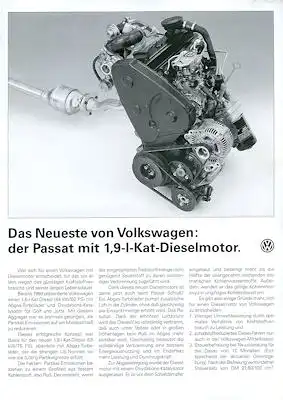 VW Passat B 3 1,9 l Kat-Dieselmotor Prospekt 2.1991
