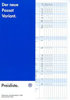 VW Passat B 5 Variant Preisliste 4.1997 für 1998