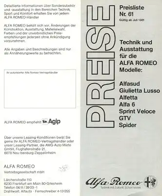 Alfa-Romeo Preisliste Nr. 61 7.1981