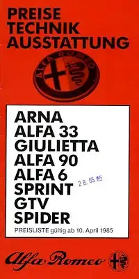 Alfa-Romeo Preisliste 4.1985