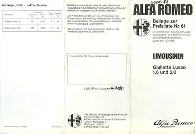 Alfa-Romeo Limousinen Preisliste Nr. 61(a) 7.1981