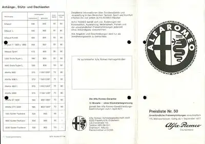 Alfa-Romeo Preisliste Nr. 50 9.1977