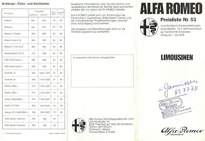 Alfa-Romeo Limousinen Preisliste Nr. 53 7.1978
