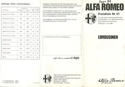 Alfa-Romeo Limousinen Preisliste Nr. 61 6.1981