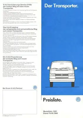 VW T 4 Transporter Preisliste 9.1990