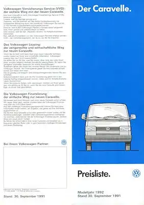 VW T 4 Caravelle Preisliste 9.1991