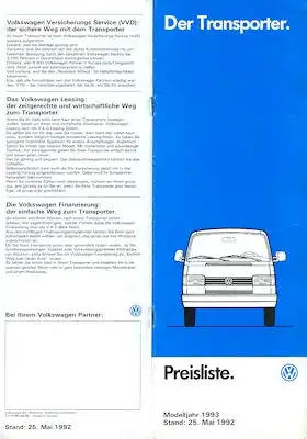 VW T 4 Transporter Preisliste 5.1992 für 1993