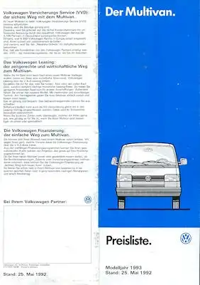 VW T 4 Multivan Preisliste 5.1992 für 1993
