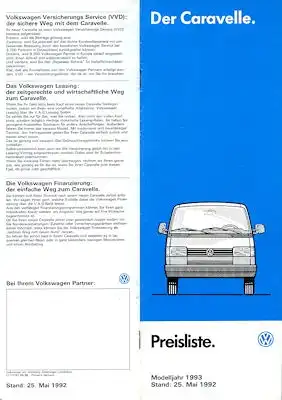 VW T 4 Caravelle Preisliste 5.1992 für 1993