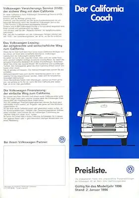 VW T 4 California Coach Preisliste 1.1996