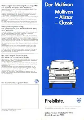 VW T 4 Multivan Preisliste 1.1996