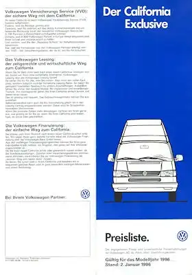 VW T 4 California Exclusive Preisliste 1.1996