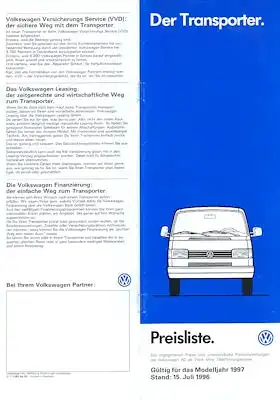 VW T 4 Transporter Preisliste 7.1996