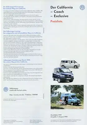 VW T 4 California Exclusive Preisliste 8.1998