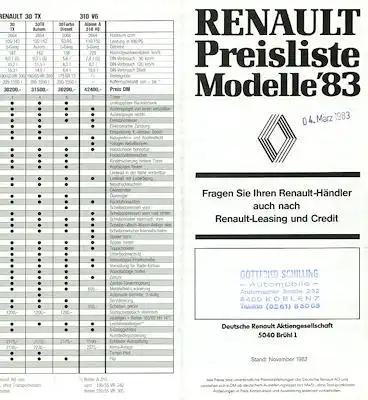 Renault Preisliste 11.1982