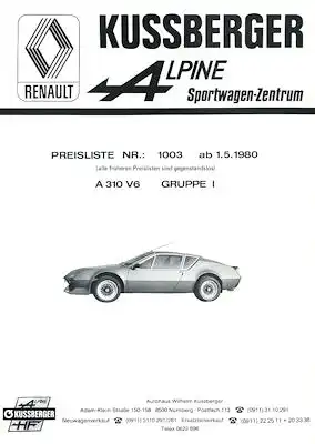 Renault Kussberger Alpine Preisliste 5.1980