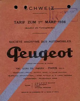 Peugeot Schweizer Preisliste 3.1936