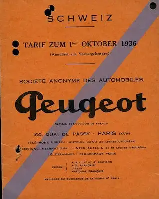 Peugeot Schweizer Preisliste 10.1936
