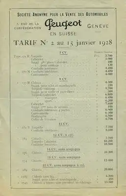 Peugeot Schweizer Preisliste Tarif No. 2 au 1.1928