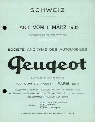 Peugeot Schweizer Preisliste 3.1935