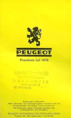 Peugeot Preisliste 7.1978