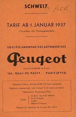 Peugeot Schweizer Preisliste 1.1937