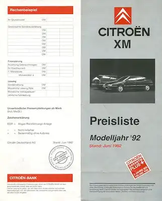 Citroen XM Preisliste 6.1992