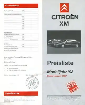 Citroen XM Preisliste 8.1992