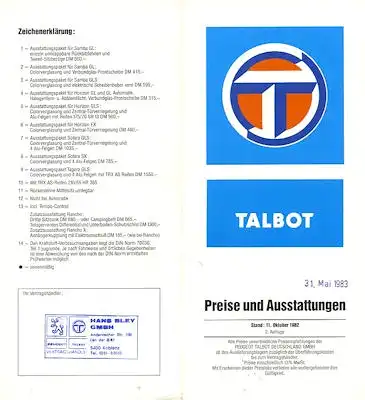 Talbot Preisliste 10.1982