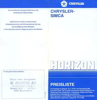 Simca Horizon Preisliste 2.1978
