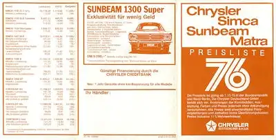 Simca Chrysler Matra Sunbeam Preisliste 1976