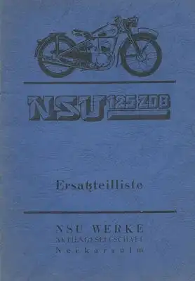 NSU ZDB 125 Ersatzteilliste 1940er Jahre Fotokopie