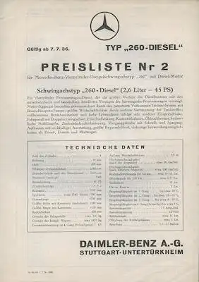 Mercedes-Benz Typ 260 Diesel Preisliste Nr. 2 7.1936