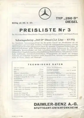 Mercedes-Benz Typ 260 Diesel Preisliste Nr. 3 2.1937